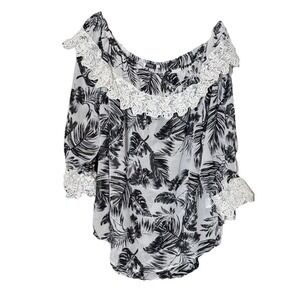 Angela Plus 3XL Floral White Black Lace Blouse Sheer Tropical Off The Shoulder